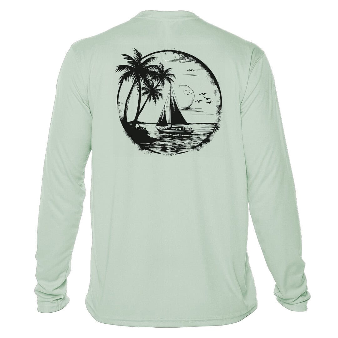 UPF 50+ long sleeve sun shirt with tropical sailboat design, perfect for beach and sailing adventure.