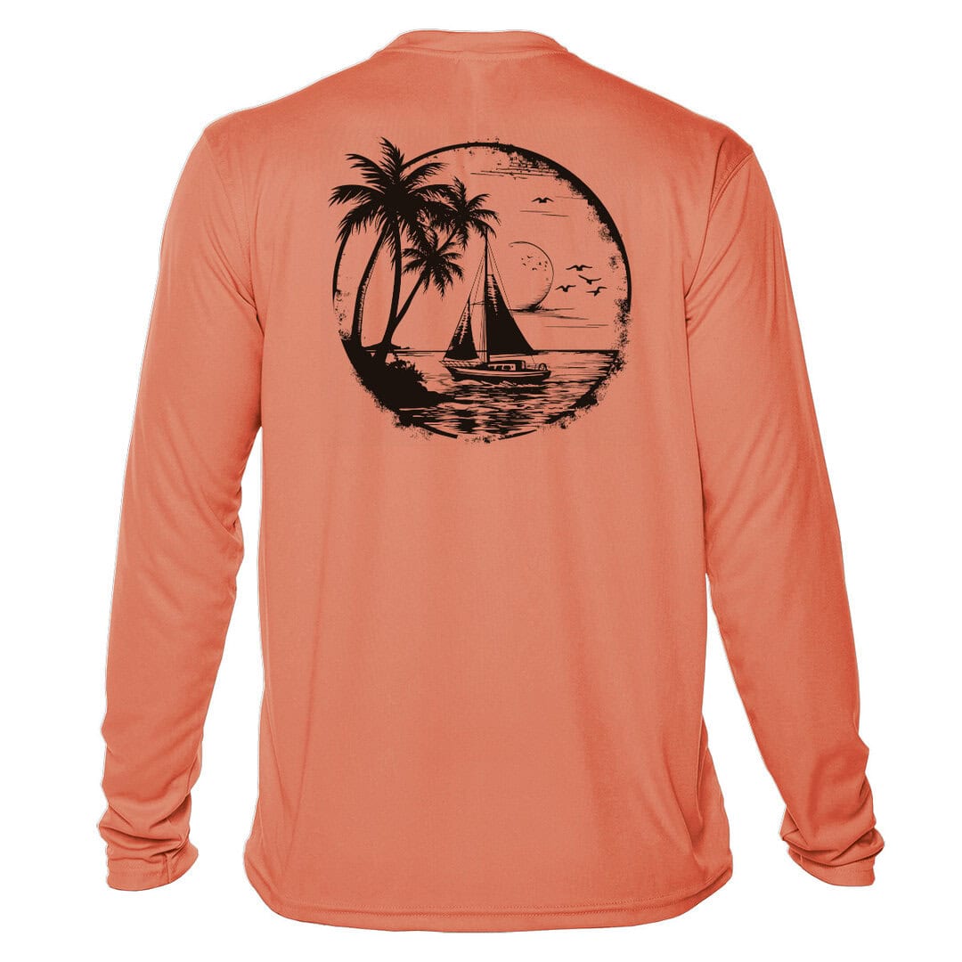 Sunswept sailing shirt with tropical sailboat silhouette, UPF 50+ long sleeve, perfect for sun prote.