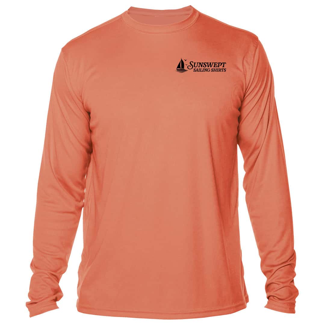 Sunswept Sailing Shirts logo on coral long-sleeve sun shirt, perfect for beach and sailing activitie.