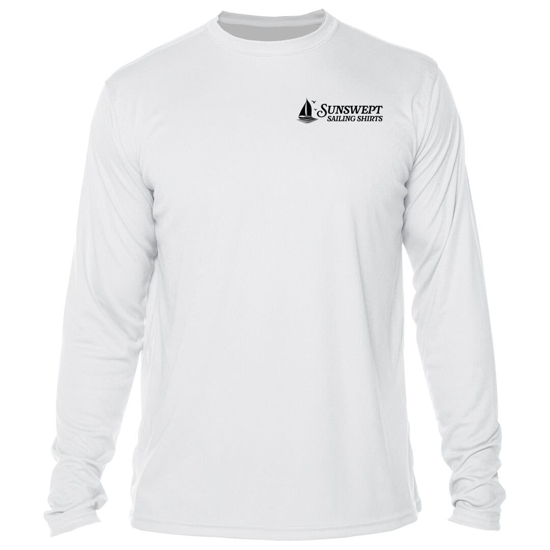 Sunswept Sailing Shirts logo on a white long-sleeve sun shirt, ideal for beach and sailing activitie.