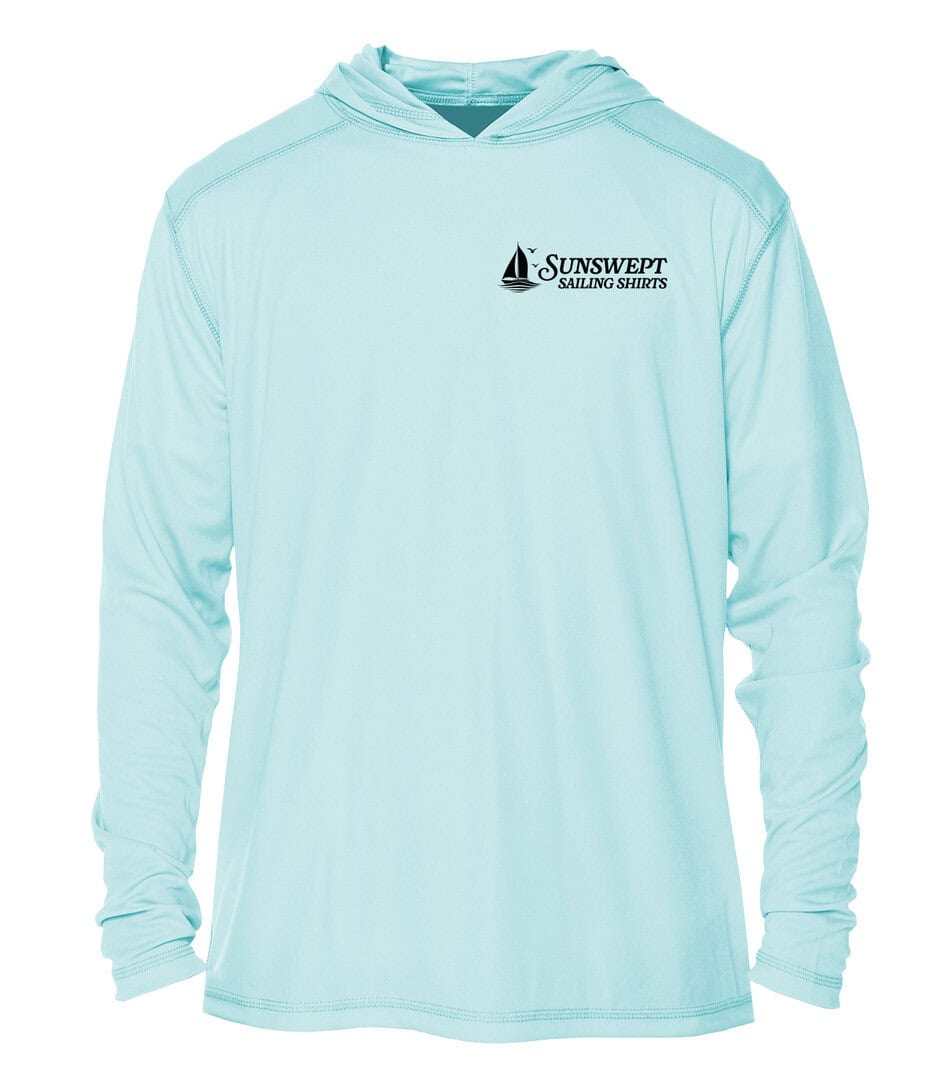 Light blue hoodie with Sunswept Sailing Shirts logo for sun protection.