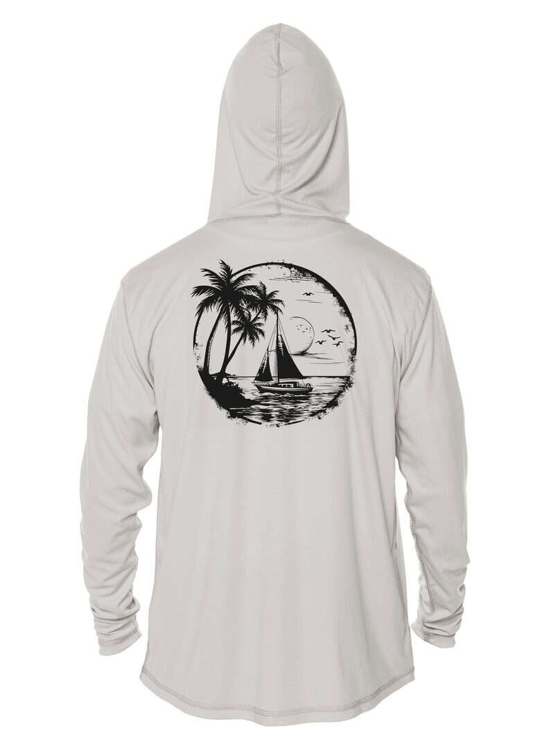 UPF 50+ Tropical Sailboat Hoodie in Pearl Grey.