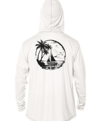 UPF 50+ Tropical Sailboat Hoodie with Sunset.