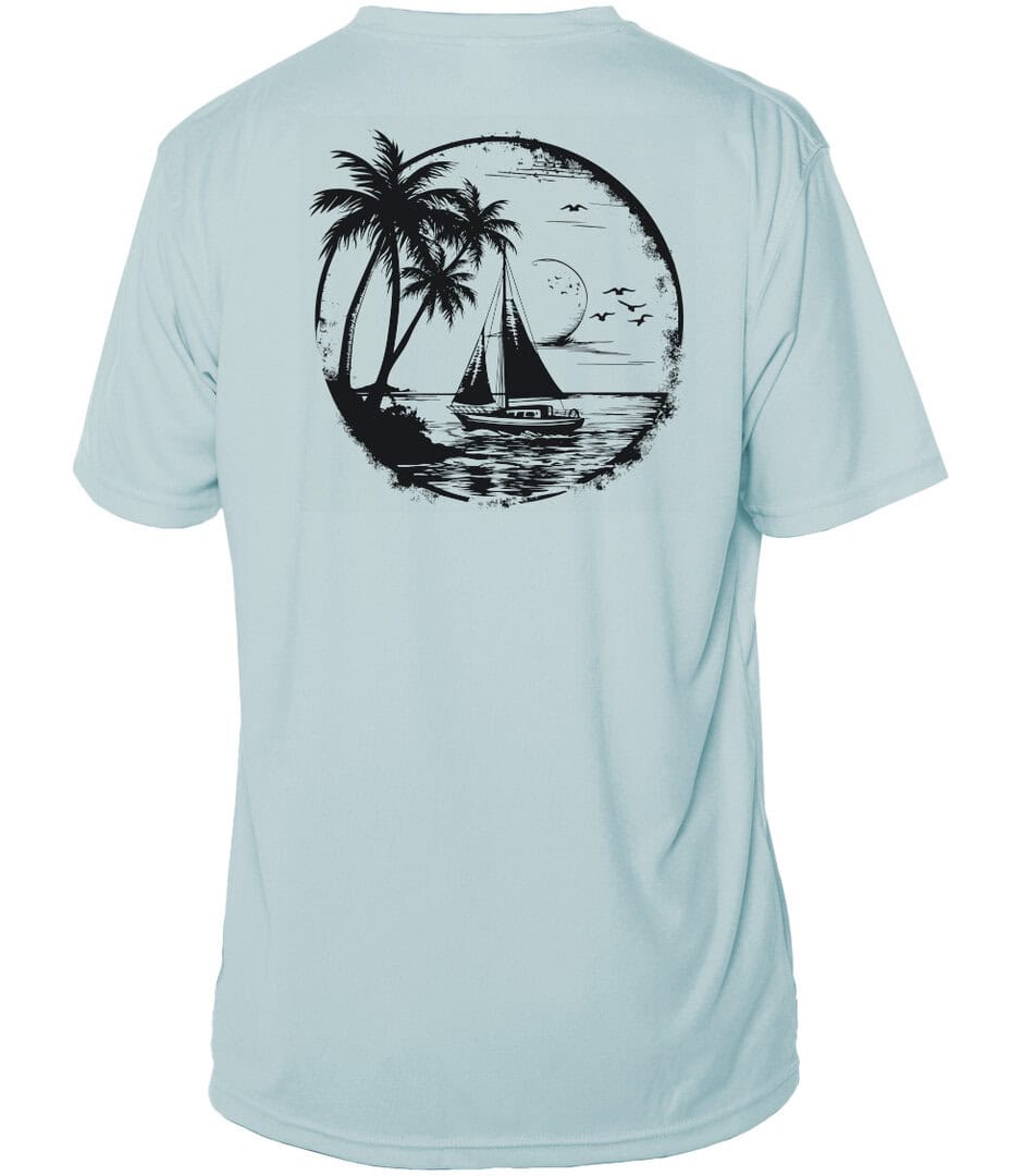Sunswept sailing shirt with tropical sailboat silhouette, UPF 50+ sun protection, Arctic Blue, XS. P.