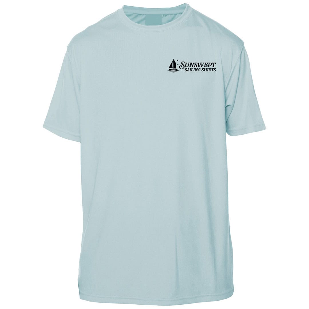 Light blue sailing shirt with Sunswept Sailing Shirts logo on chest.