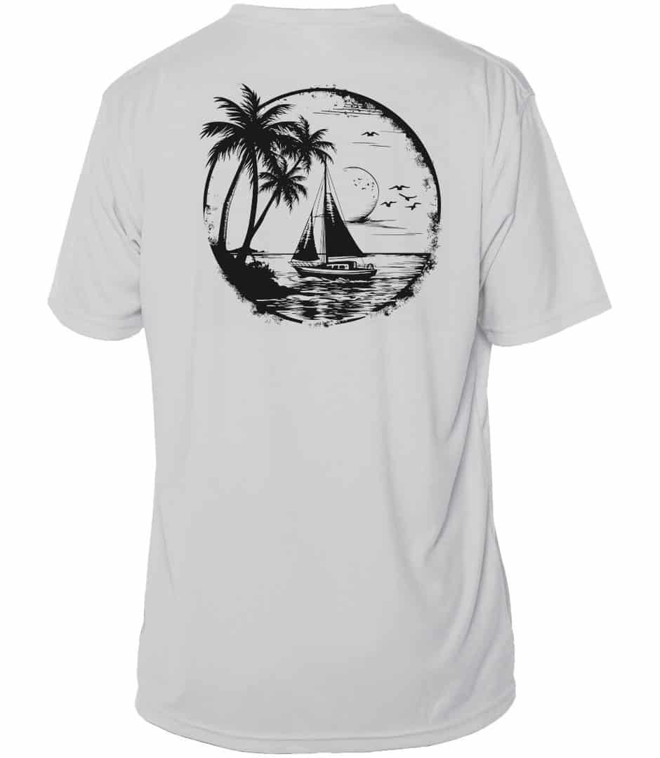 Tropical sailboat silhouette on Sunswept Sailing Shirt with UPF 50+ protection.