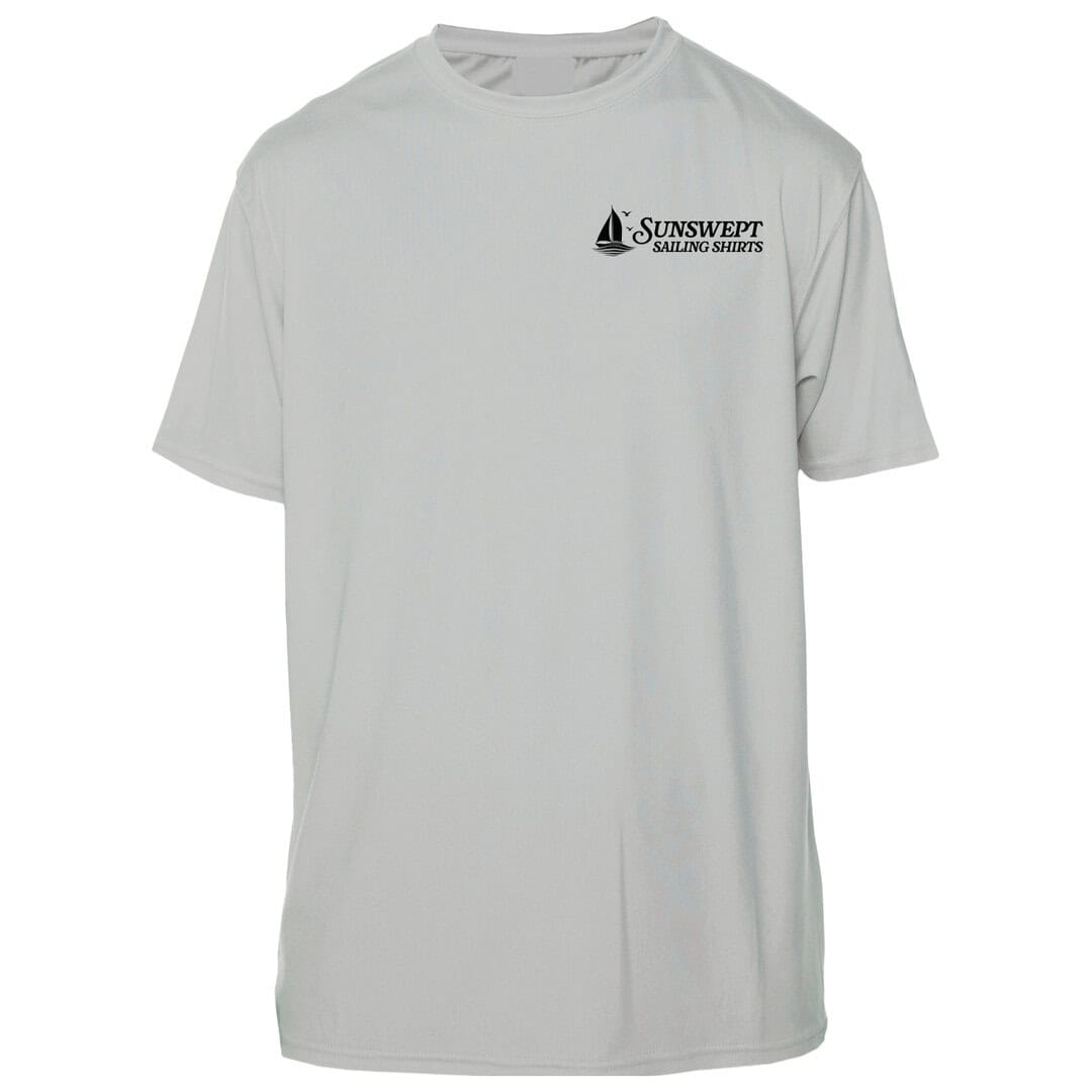 White sailing shirt with Sunswept logo, perfect for beach and sailing trips.
