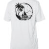 Tropical sailboat silhouette on white UPF 50+ sun shirt for sailing and beach days.