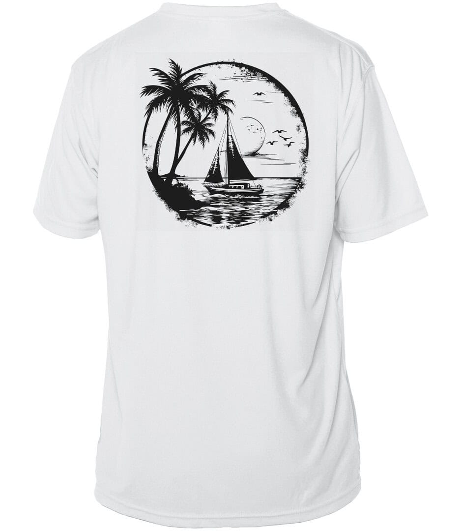 Tropical sailboat silhouette on white UPF 50+ sun shirt for sailing and beach days.