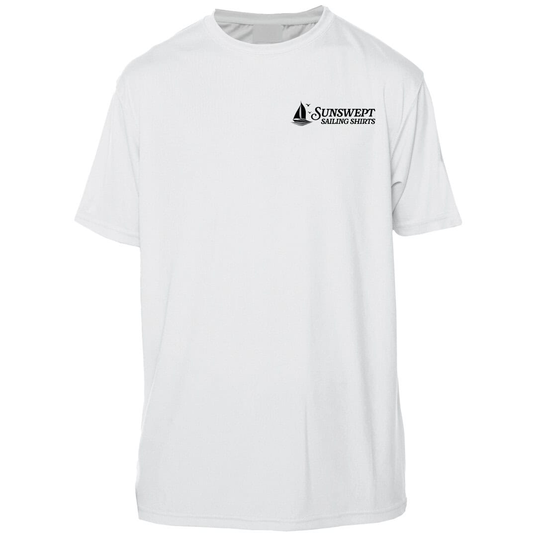 White SunSwept Sailing Shirts T-shirt with sailboat logo.