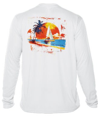 Long sleeve sun shirt with tropical sailboat sunset print, UPF 50+ protection.