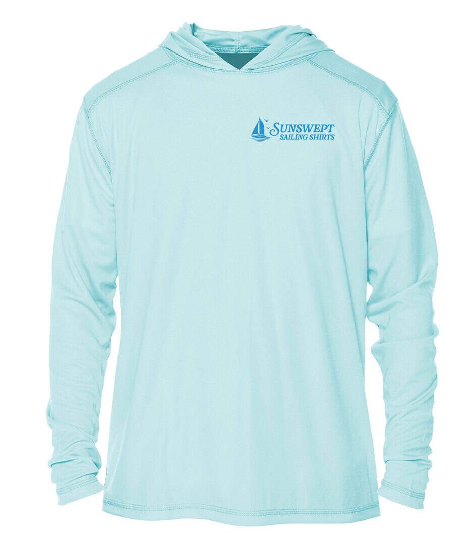 Light blue sailing shirt with "Sunswept Sailing Shirts" logo, perfect for beach and boat outings.