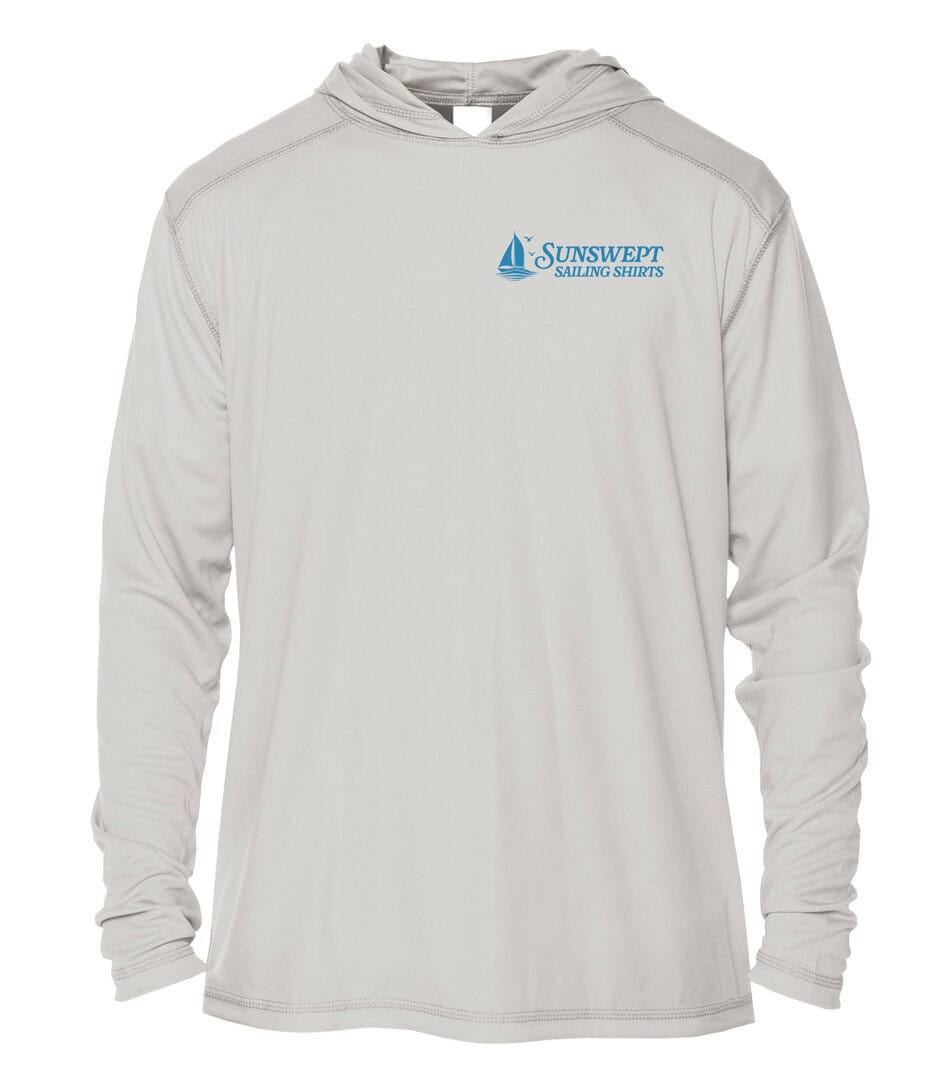 White hoodie with Sunswept Sailing Shirts logo for sun protection.