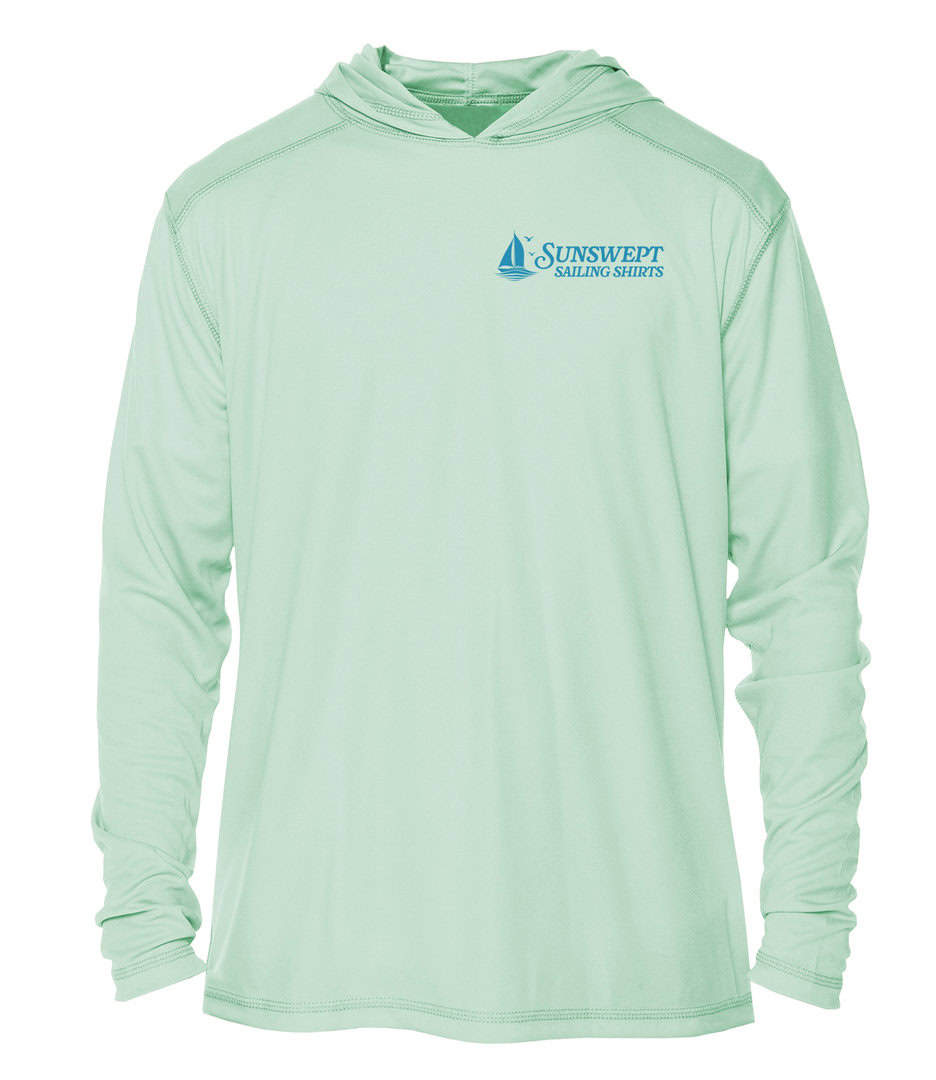Hooded sun shirt with Sunswept Sailing Shirts logo, perfect for beach and outdoor activities.
