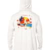 UPF 50+ Sunswept sailing hoodie with tropical sunset and sailboat design, perfect for sun protection.
