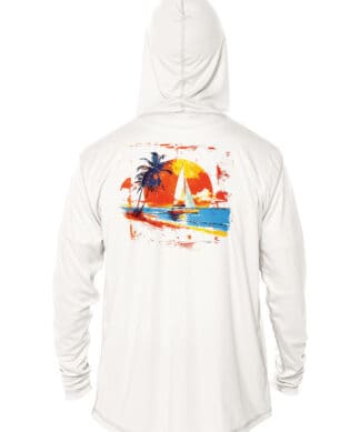 UPF 50+ Sunswept sailing hoodie with tropical sunset and sailboat design, perfect for sun protection.