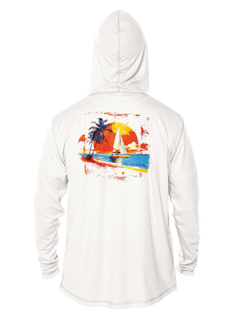 UPF 50+ Sunswept sailing hoodie with tropical sunset and sailboat design, perfect for sun protection.
