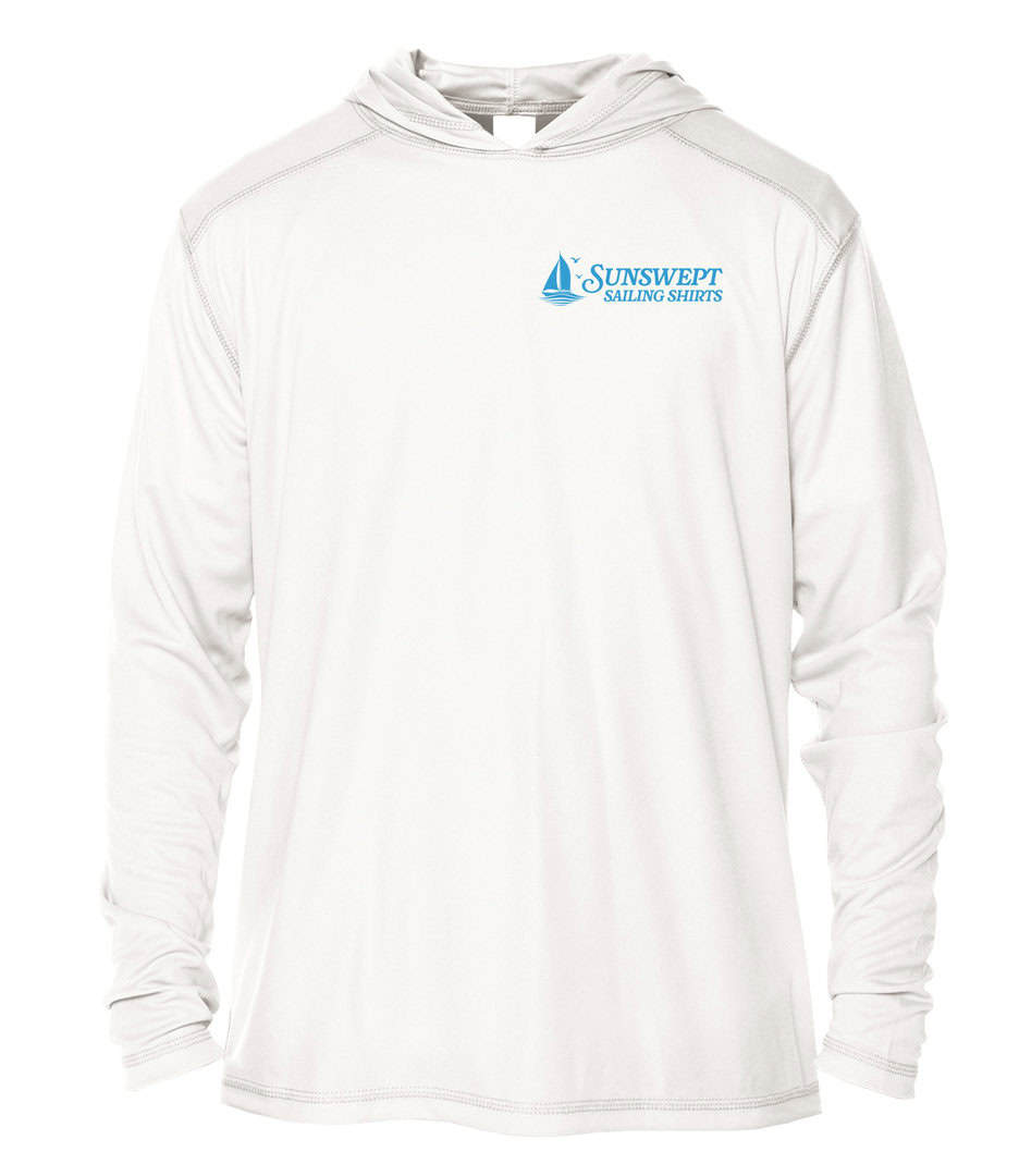 Hooded sun protection shirt with Sunswept Sailing Shirts logo.