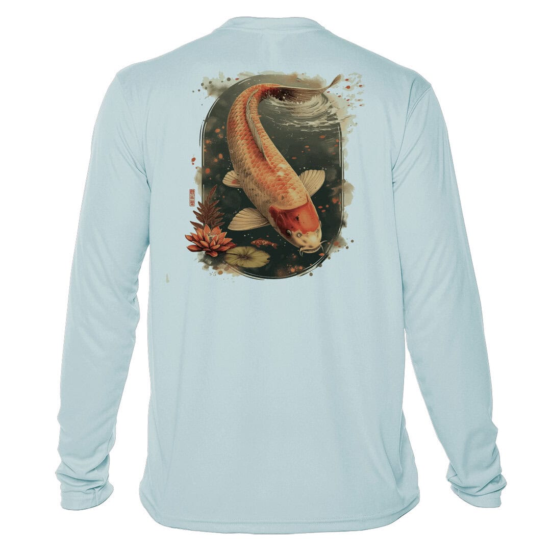 Koi fish design on UPF 50+ long sleeve fishing shirt, perfect for sun protection and outdoor fishing.