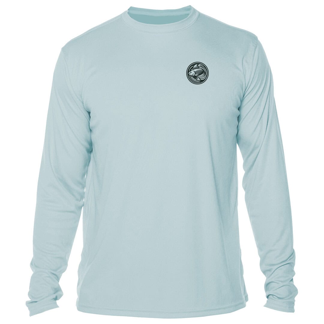 Light blue long-sleeve sun shirt with Key West logo for sun protection.