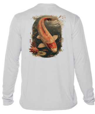 Koi fish design on a white fishing shirt with UPF 50+ sun protection, perfect for anglers and outdoo.