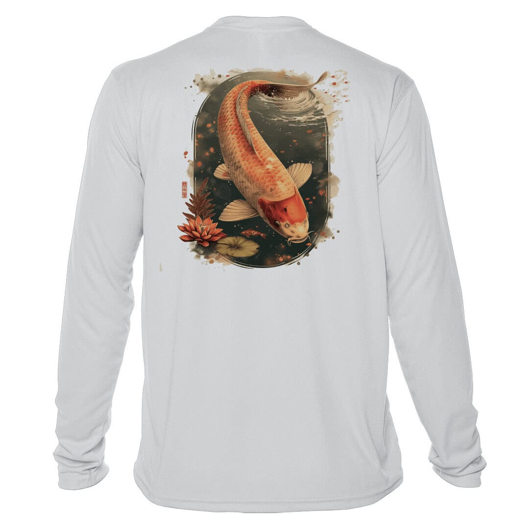 Koi fish design on a white fishing shirt with UPF 50+ sun protection, perfect for anglers and outdoo.