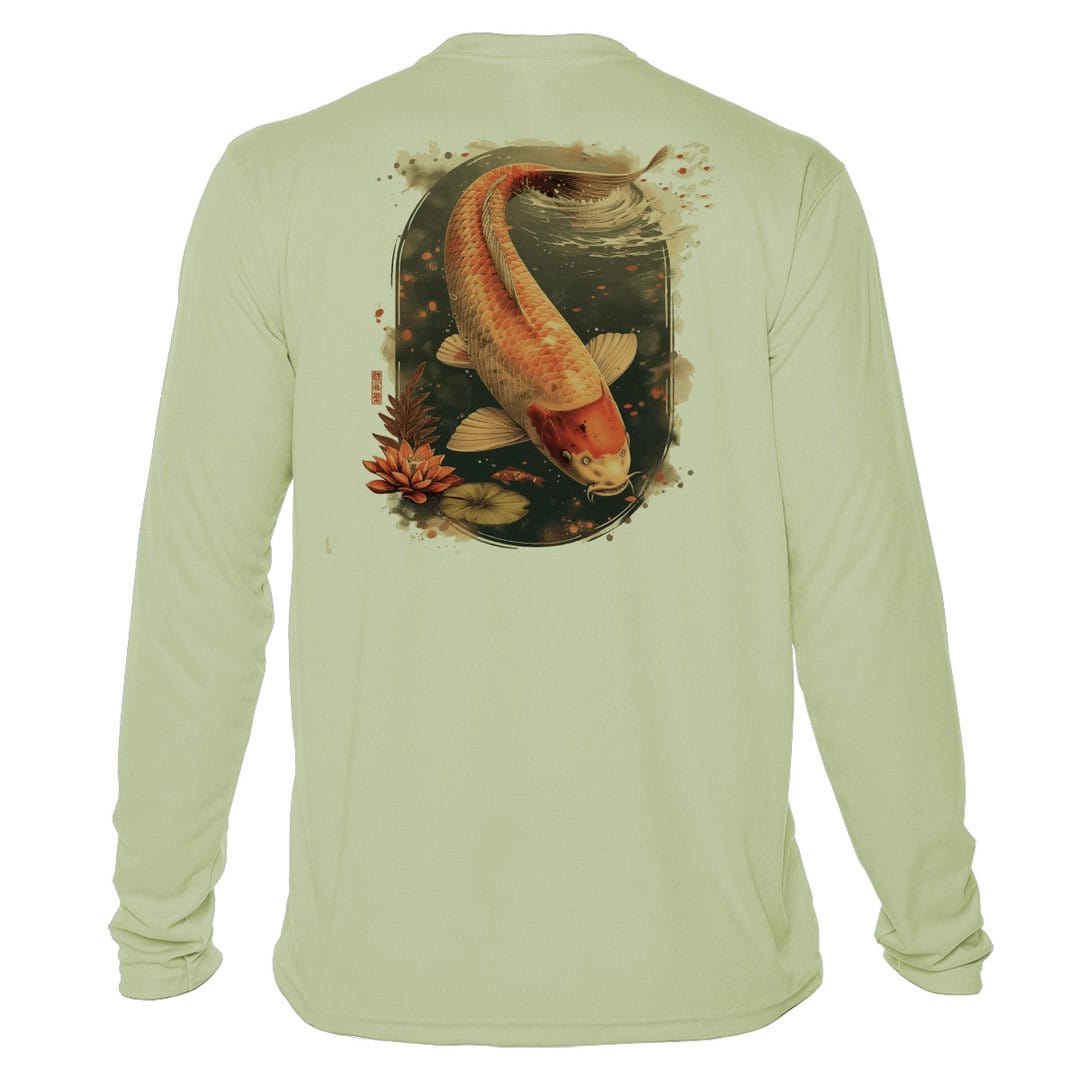 Koi fish design on sage green fishing shirt, UPF 50+ sun protection, perfect for anglers and outdoor.