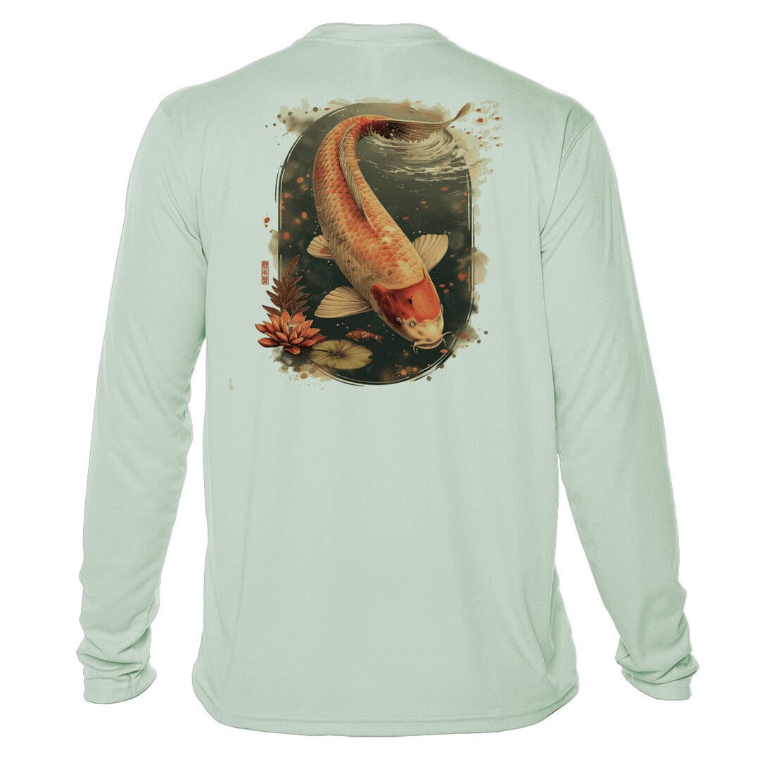 Koi fish illustration on UPF 50+ long sleeve fishing shirt, perfect for sun protection and angler's.