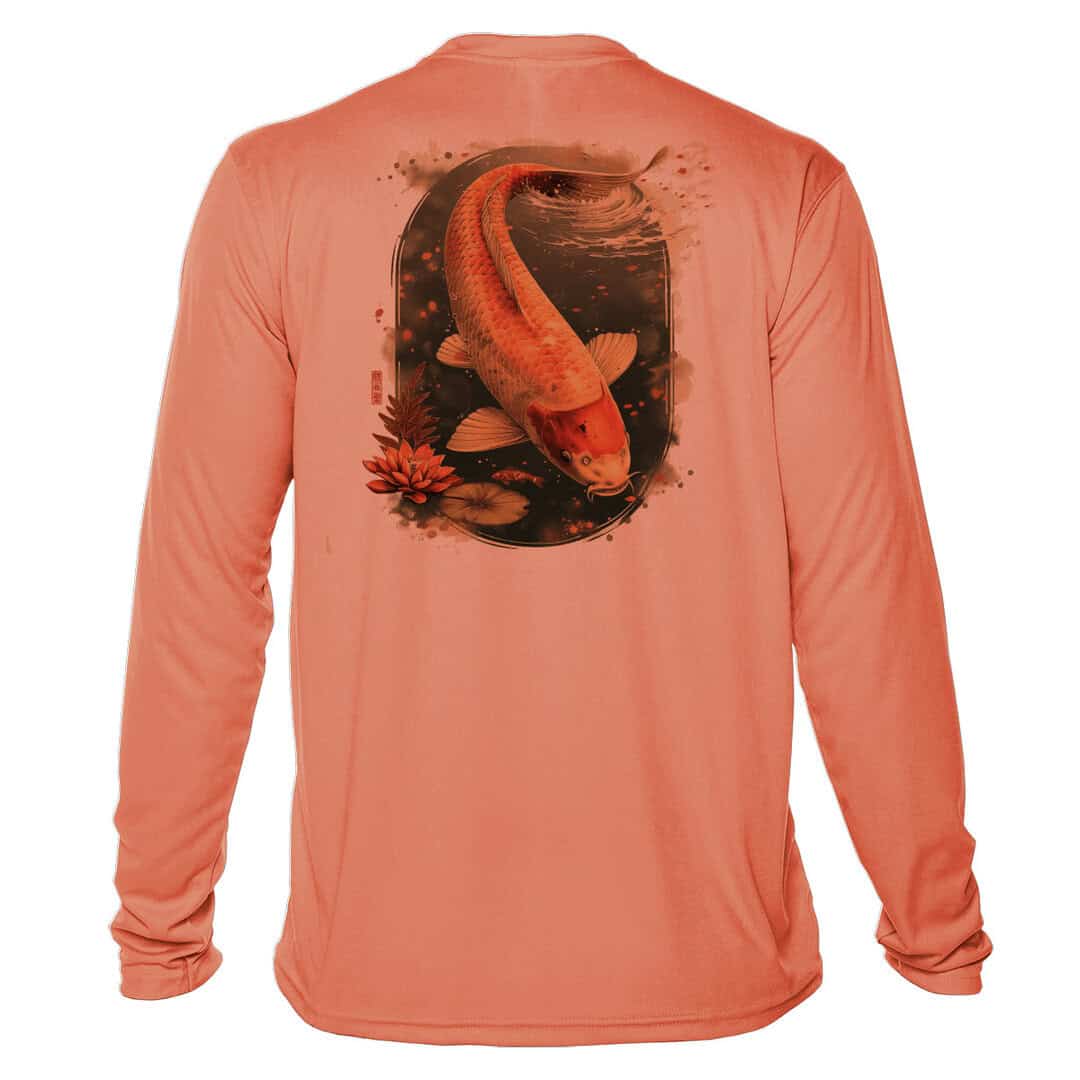 Koi fish design on salmon-colored long sleeve fishing shirt with UPF 50+ sun protection, perfect for.