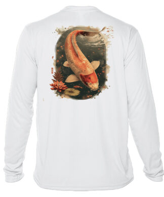 Koi fish illustration on a white fishing shirt with UPF 50+ sun protection, perfect for anglers and.