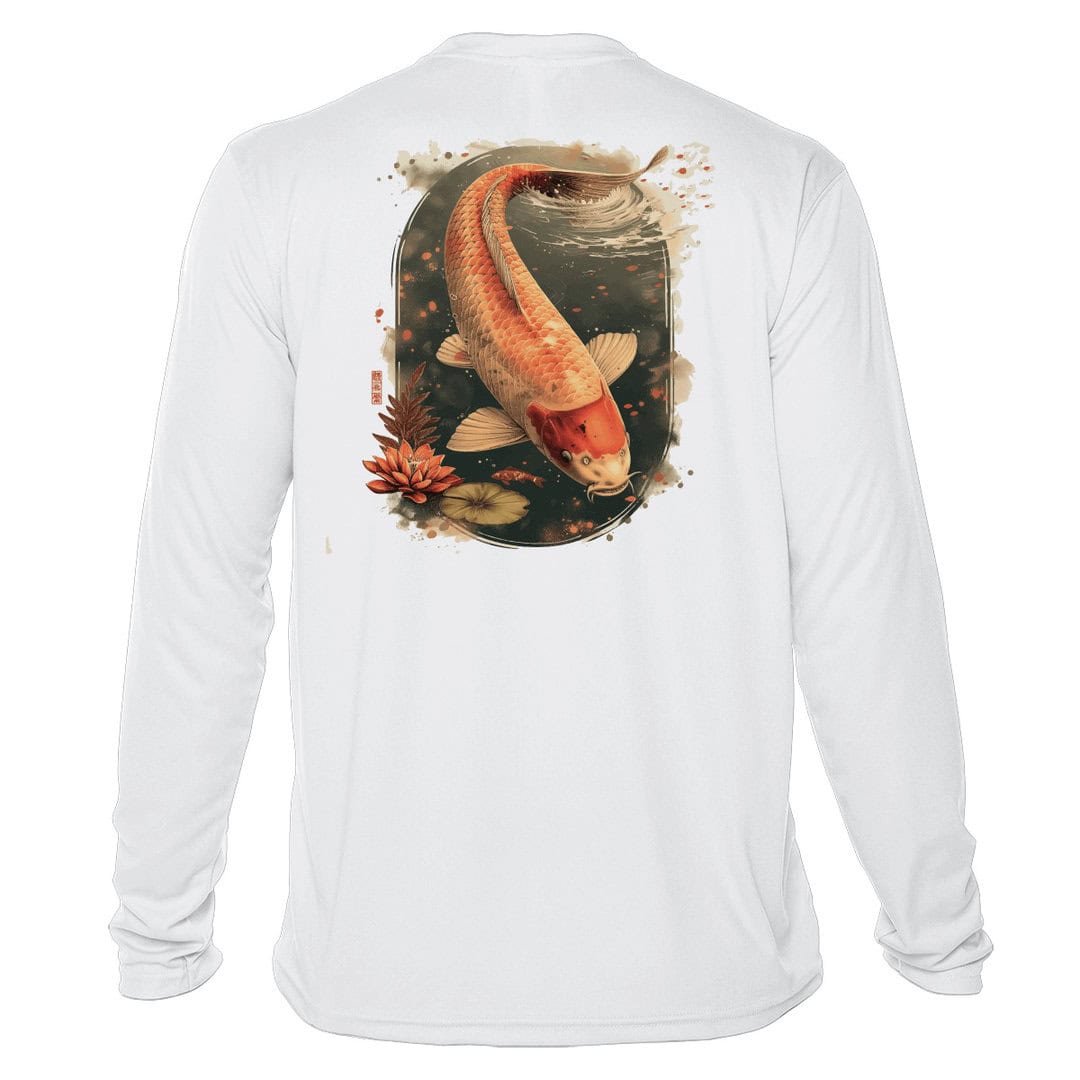 Koi fish illustration on a white fishing shirt with UPF 50+ sun protection, perfect for anglers and.