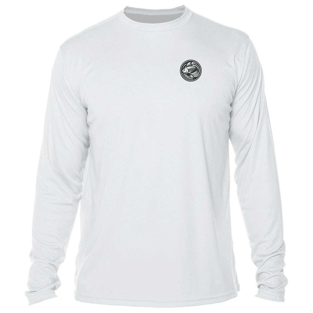 Long sleeve white sun shirt with Key West Sun Shirts logo.
