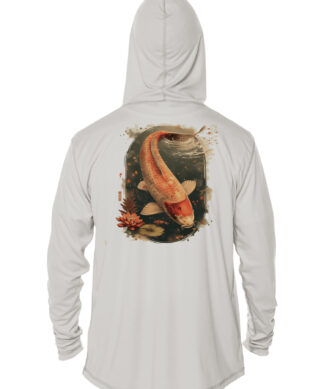 UPF 50+ fishing hoodie with koi fish design, perfect for sun protection and outdoor fishing adventur.