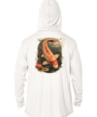UPF 50+ fishing hoodie featuring a vibrant koi fish design, perfect for sun protection during outdoo.