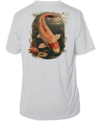 Koi fish design on UPF 50+ fishing shirt in Pearl Grey. Perfect for anglers and sun protection.
