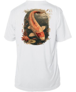 Koi fish illustration on UPF 50+ fishing shirt for sun protection.