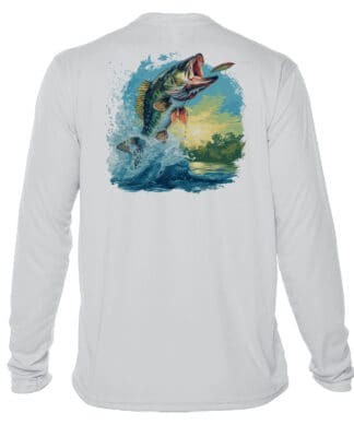 High-quality fishing shirt with large mouth bass graphic, UPF 50+ sun protection, perfect for angler.