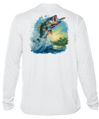 High-quality fishing shirt with large mouth bass graphic, UPF 50+ sun protection, perfect for angler.