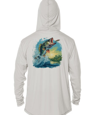 White fishing hoodie featuring a large bass fish graphic, UPF 50+ sun protection, perfect for angler.