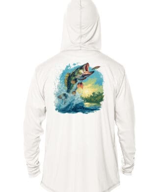 UPF 50+ fishing hoodie featuring a large mouth bass graphic, perfect for anglers and outdoor enthusi.