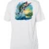 White fishing shirt featuring a large mouth bass jumping out of water, UPF 50+ sun protection, perfe.