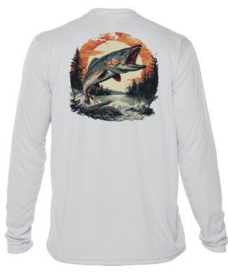 Muskie fish illustration on white fishing shirt with UPF 50+ sun protection. Perfect for anglers and.