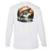 Muskie fish graphic on white fishing shirt, perfect for anglers and outdoor enthusiasts.