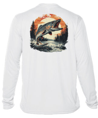 Muskie fish graphic on white fishing shirt, perfect for anglers and outdoor enthusiasts.