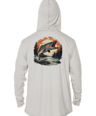 Muskie fish graphic hoodie with UPF 50+ sun protection, Pearl Grey, XS. Perfect for fishing and outd.