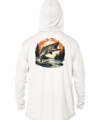 Muskie fish graphic hoodie with UPF 50+ sun protection, perfect for fishing and outdoor adventures.