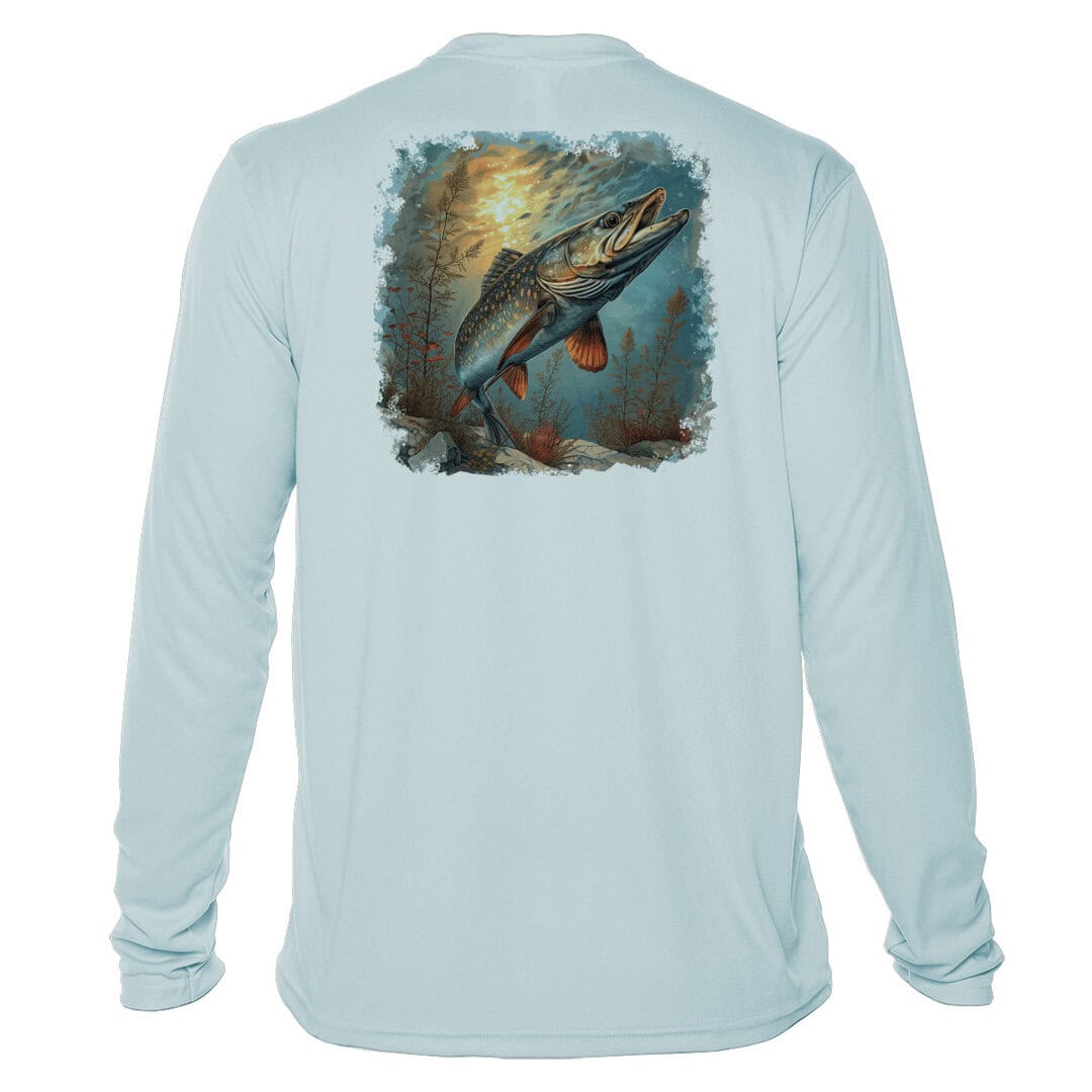 Northern Pike fishing shirt with UPF 50+ sun protection, Arctic Blue color, perfect for anglers.