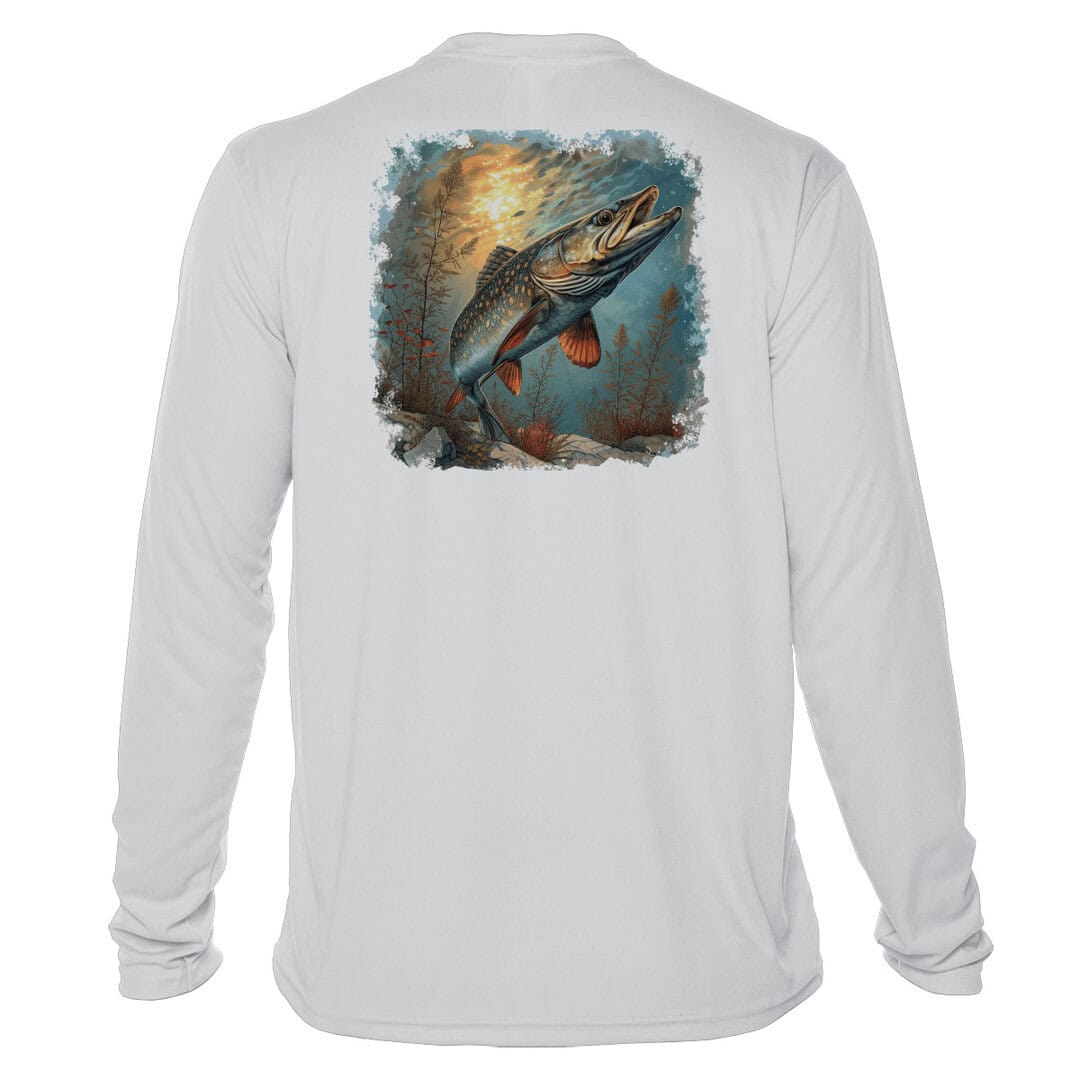 High-quality fishing shirt featuring a Northern Pike design, UPF 50+ sun protection, perfect for ang.