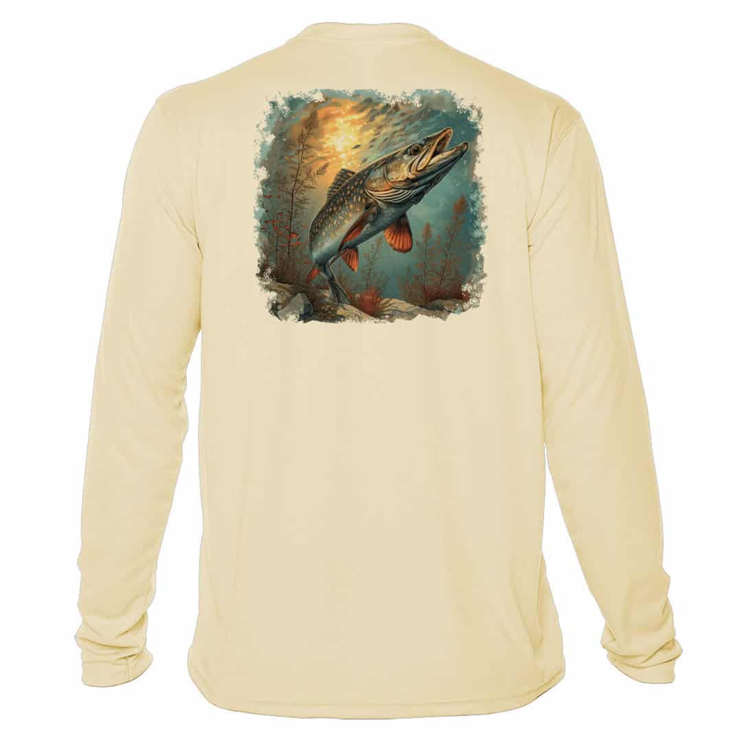 Fishing shirt with Northern Pike graphic, UPF 50+ sun protection, long sleeves, pale yellow color.