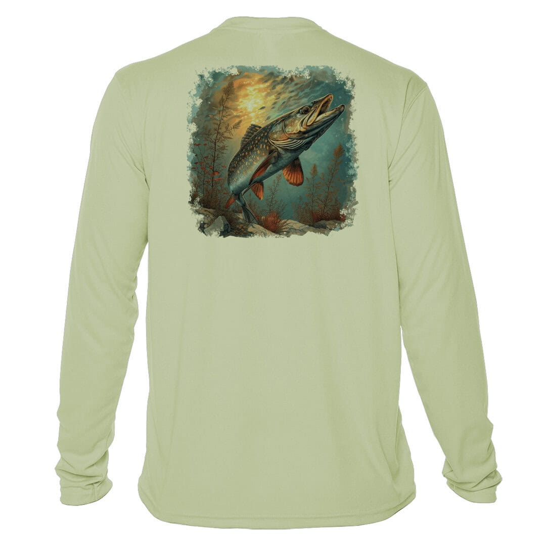 Northern Pike fishing shirt with UPF 50+ sun protection, sage color, perfect for anglers.